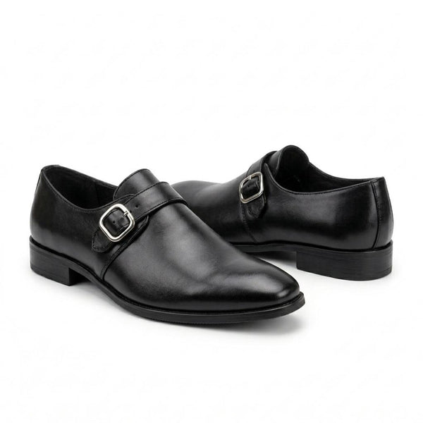 FAMA Men's Black Leather Monk Strap Shoes – single monk strap shoe, view 1 of 9 – full-grain leather