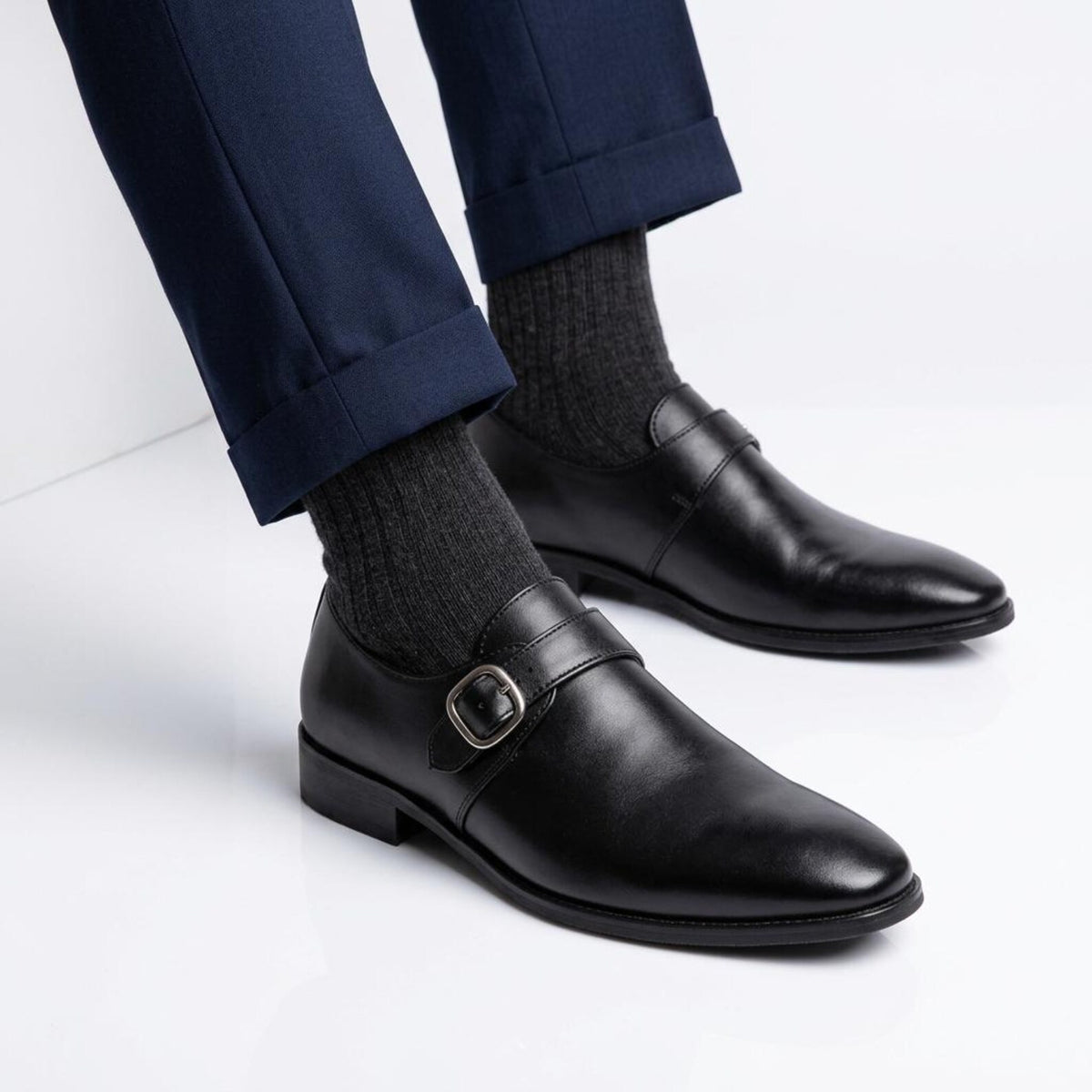 Fama Men's Black Leather Monk Strap Shoes – single monk strap shoe, view 4 of 9 – full-grain leather