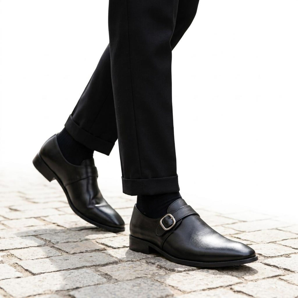 Fama Men's Black Leather Monk Strap Shoes – single monk strap shoe, view 6 of 9 – full-grain leather