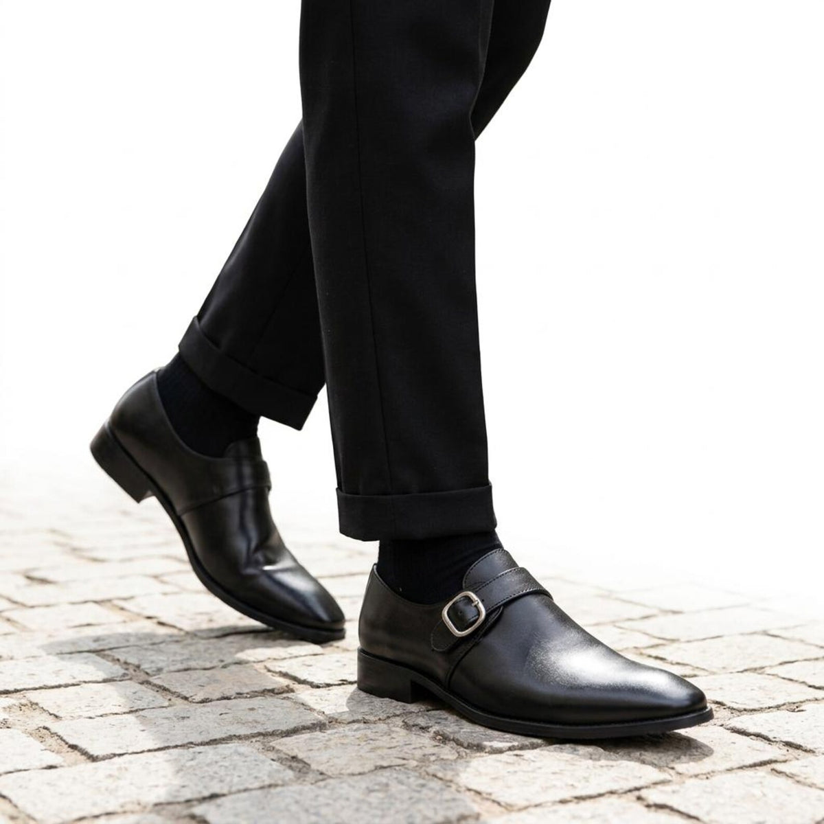 Fama Men's Black Leather Monk Strap Shoes – single monk strap shoe, view 6 of 9 – full-grain leather