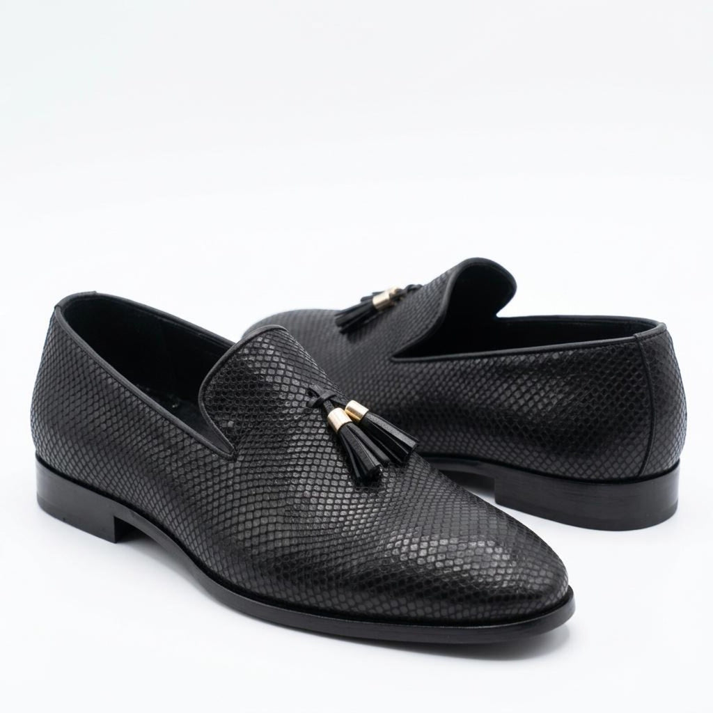 Fama Men's Black Python-Effect Leather Tassel Loafers – tassel slip-on loafer, view 1 of 9 – python-effect embossed leather