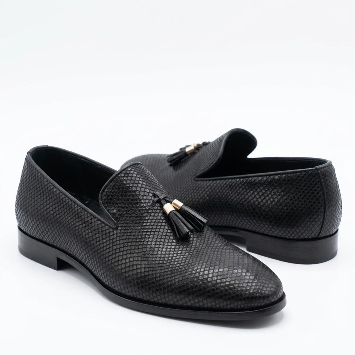 Fama Men's Black Python-Effect Leather Tassel Loafers – tassel slip-on loafer, view 1 of 9 – python-effect embossed leather