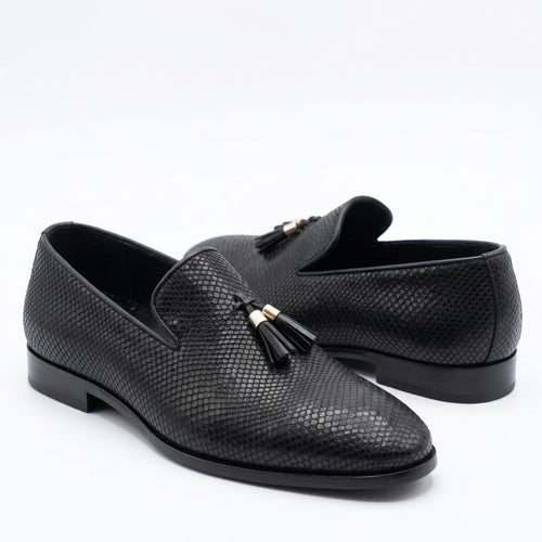 FAMA Men's Black Python-Effect Leather Tassel Loafers – tassel slip-on loafer, view 1 of 9 – python-effect embossed leather