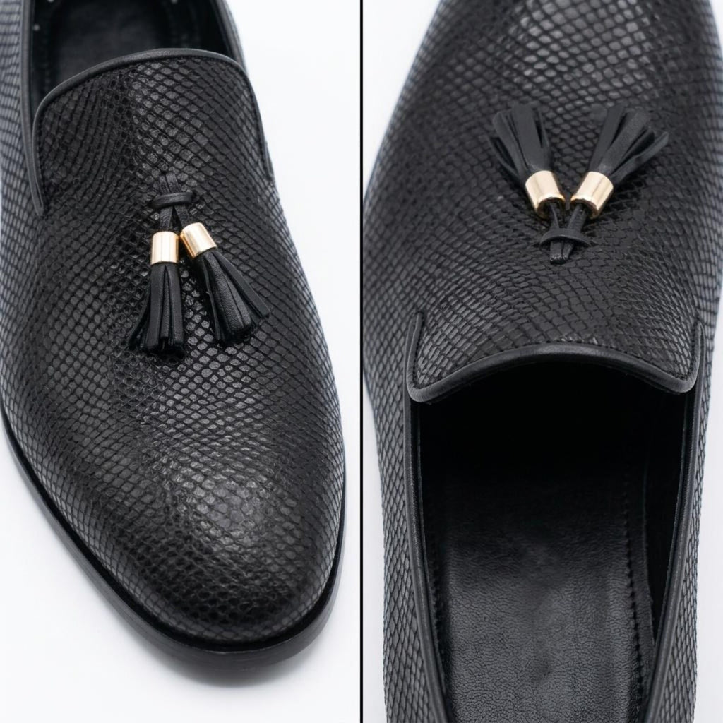 Fama Men's Black Python-Effect Leather Tassel Loafers – tassel slip-on loafer, view 2 of 9 – python-effect embossed leather