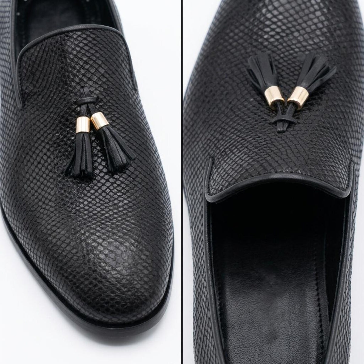 Fama Men's Black Python-Effect Leather Tassel Loafers – tassel slip-on loafer, view 2 of 9 – python-effect embossed leather