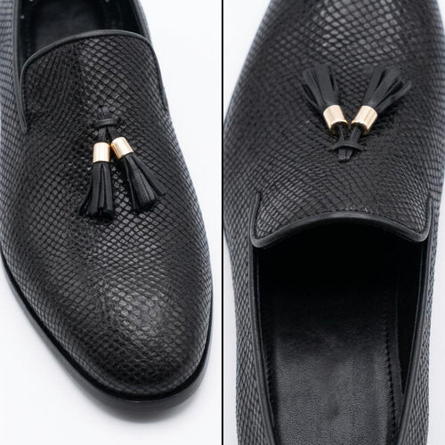 FAMA Men's Black Python-Effect Leather Tassel Loafers – tassel slip-on loafer, view 2 of 9 – python-effect embossed leather