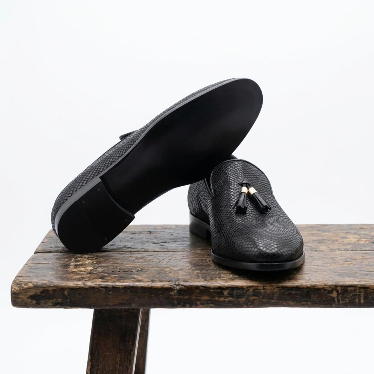 Fama Men's Black Python-Effect Leather Tassel Loafers – tassel slip-on loafer, view 3 of 9 – python-effect embossed leather