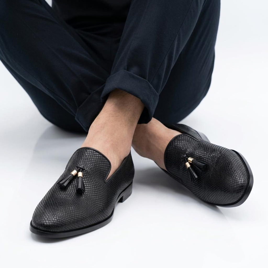 Fama Men's Black Python-Effect Leather Tassel Loafers – tassel slip-on loafer, view 4 of 9 – python-effect embossed leather