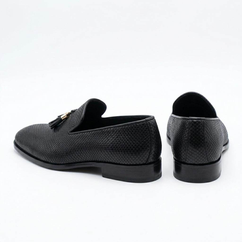 Fama Men's Black Python-Effect Leather Tassel Loafers – tassel slip-on loafer, view 5 of 9 – python-effect embossed leather