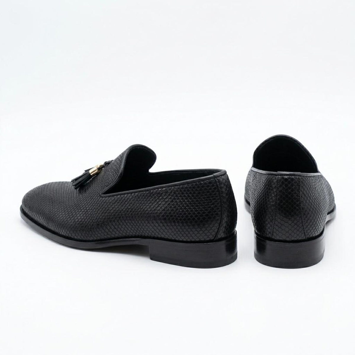 Fama Men's Black Python-Effect Leather Tassel Loafers – tassel slip-on loafer, view 5 of 9 – python-effect embossed leather