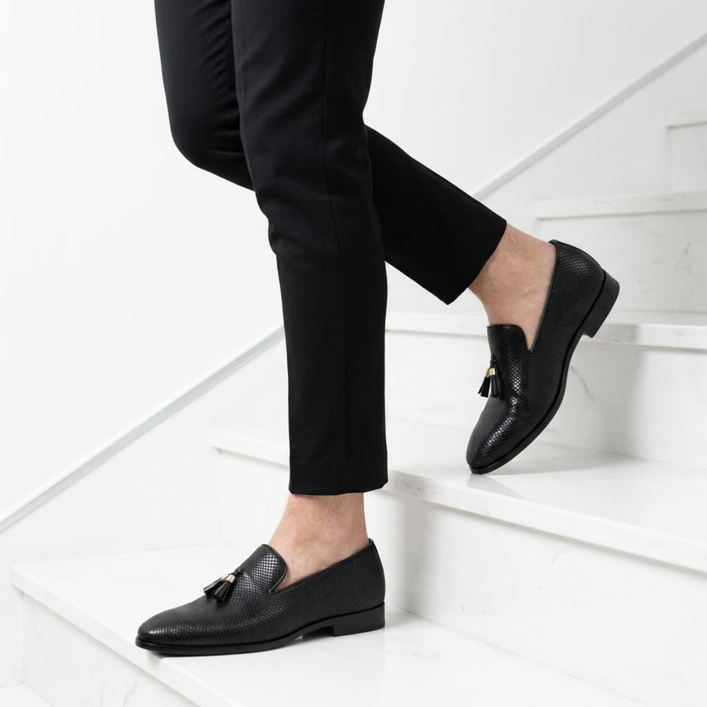Fama Men's Black Python-Effect Leather Tassel Loafers – tassel slip-on loafer, view 6 of 9 – python-effect embossed leather