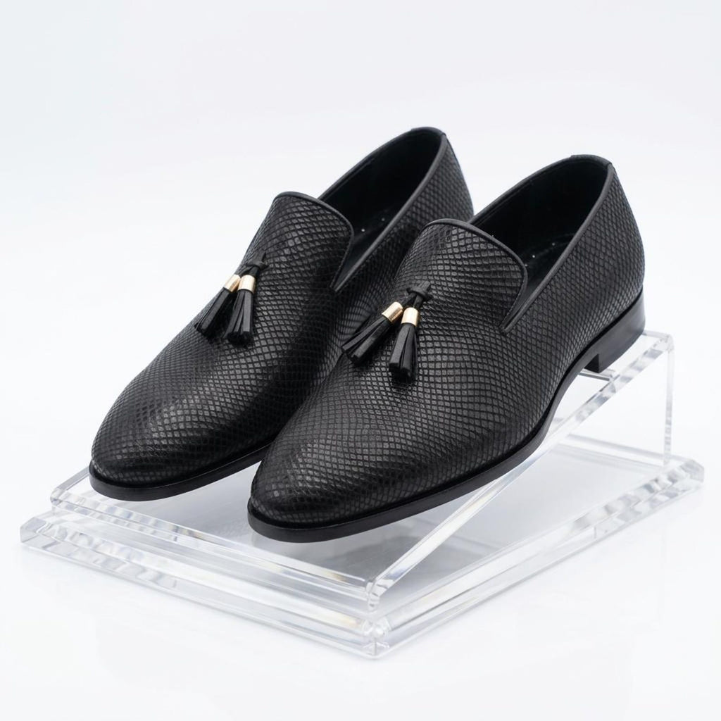 Fama Men's Black Python-Effect Leather Tassel Loafers – tassel slip-on loafer, view 7 of 9 – python-effect embossed leather