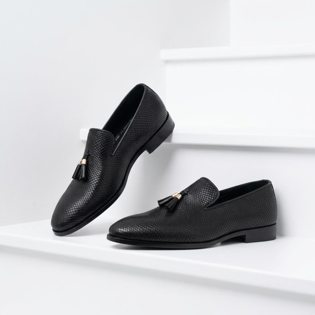 Fama Men's Black Python-Effect Leather Tassel Loafers – tassel slip-on loafer, view 8 of 9 – python-effect embossed leather