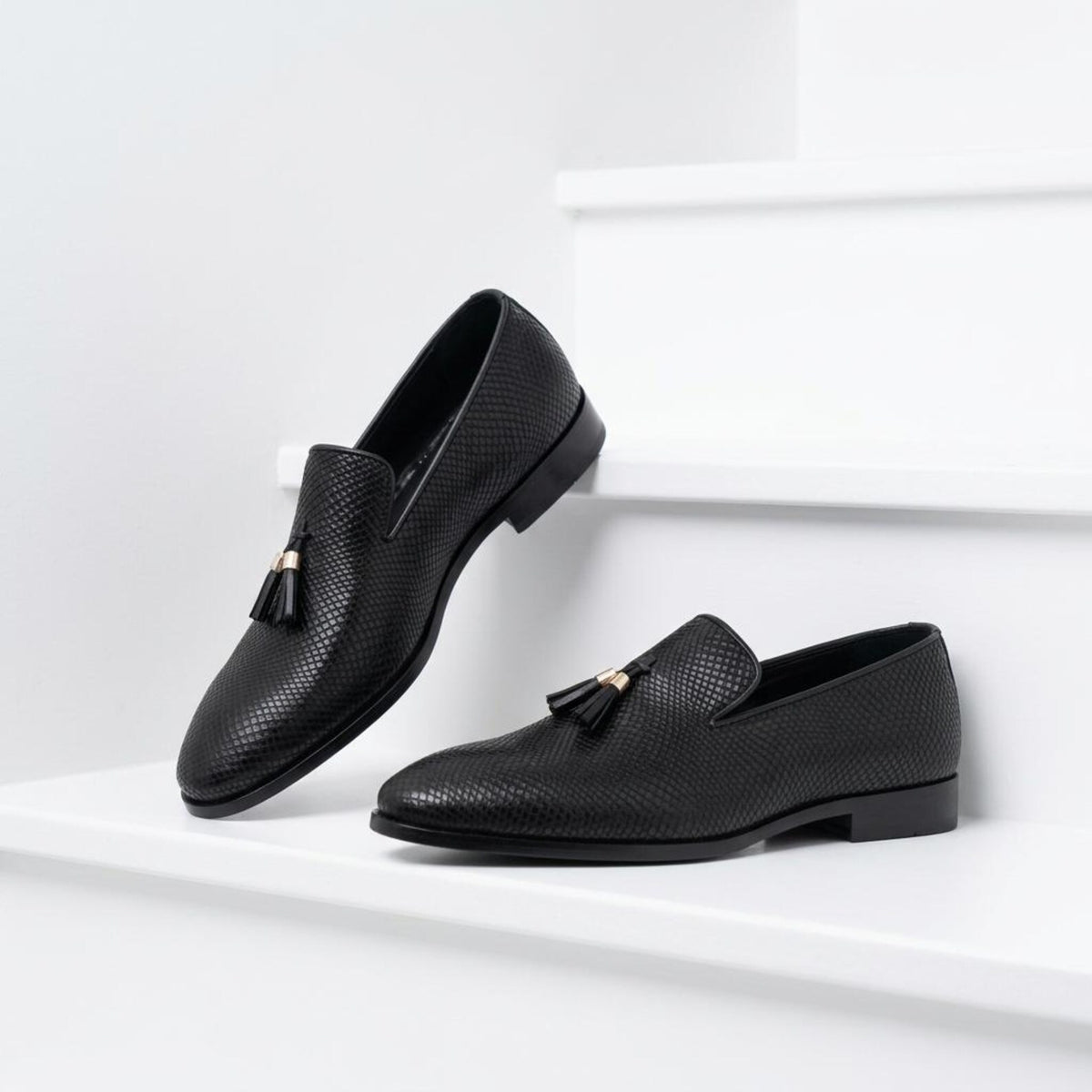Fama Men's Black Python-Effect Leather Tassel Loafers – tassel slip-on loafer, view 8 of 9 – python-effect embossed leather