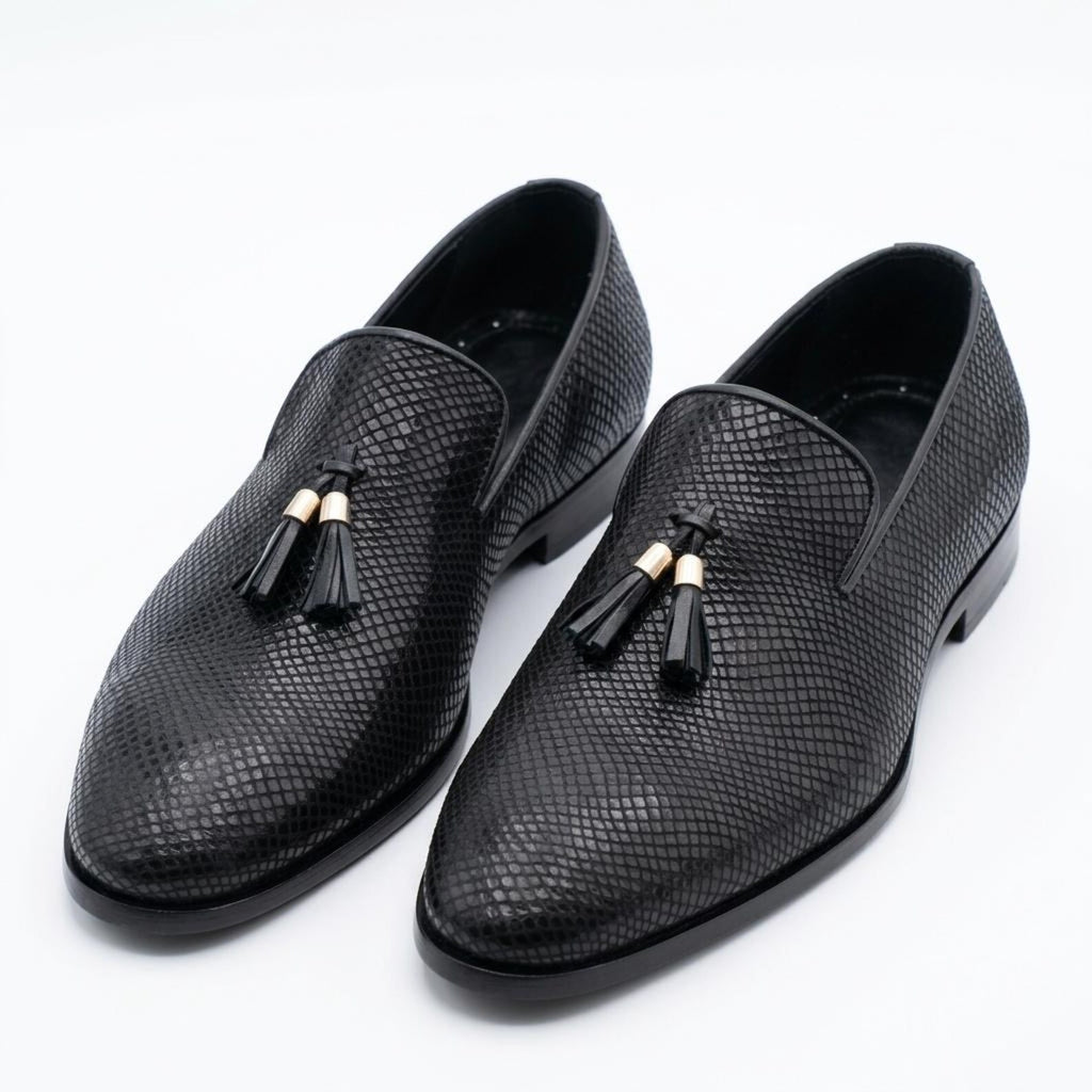 Fama Men's Black Python-Effect Leather Tassel Loafers – tassel slip-on loafer, view 9 of 9 – python-effect embossed leather