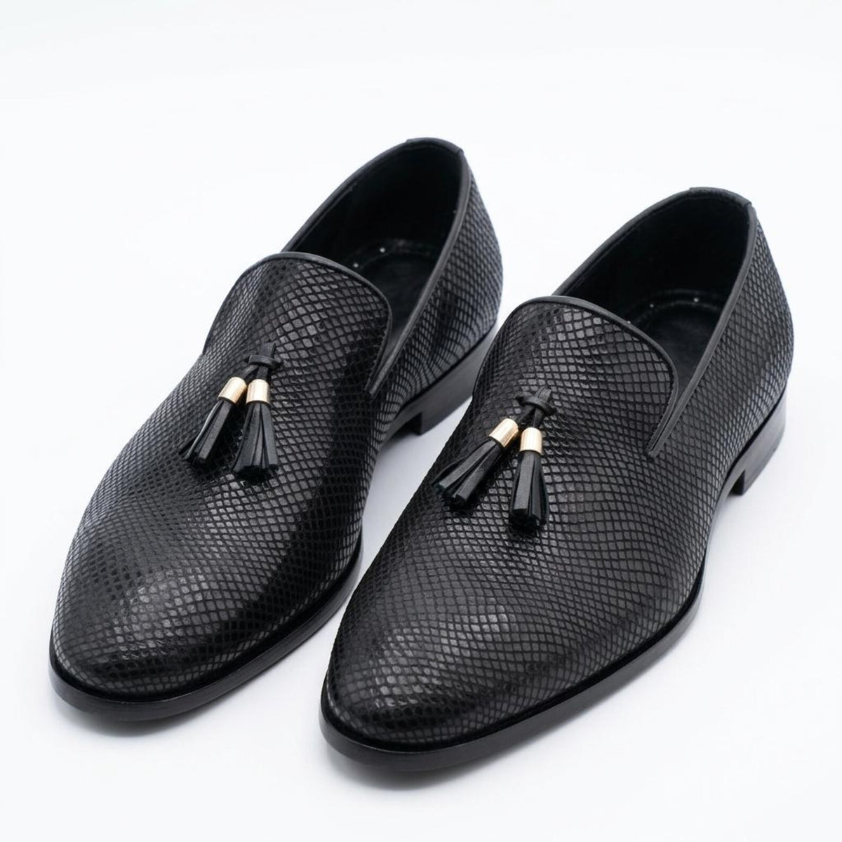 Fama Men's Black Python-Effect Leather Tassel Loafers – tassel slip-on loafer, view 9 of 9 – python-effect embossed leather