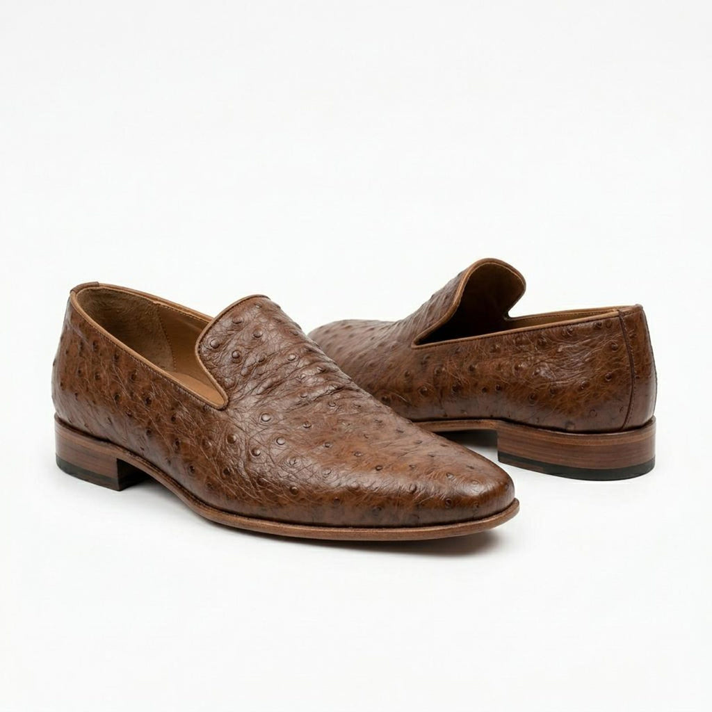 Fama Men's Brown Ostrich Leather Loafers – Venetian slip-on loafer, view 1 of 9 – full-quill ostrich leather