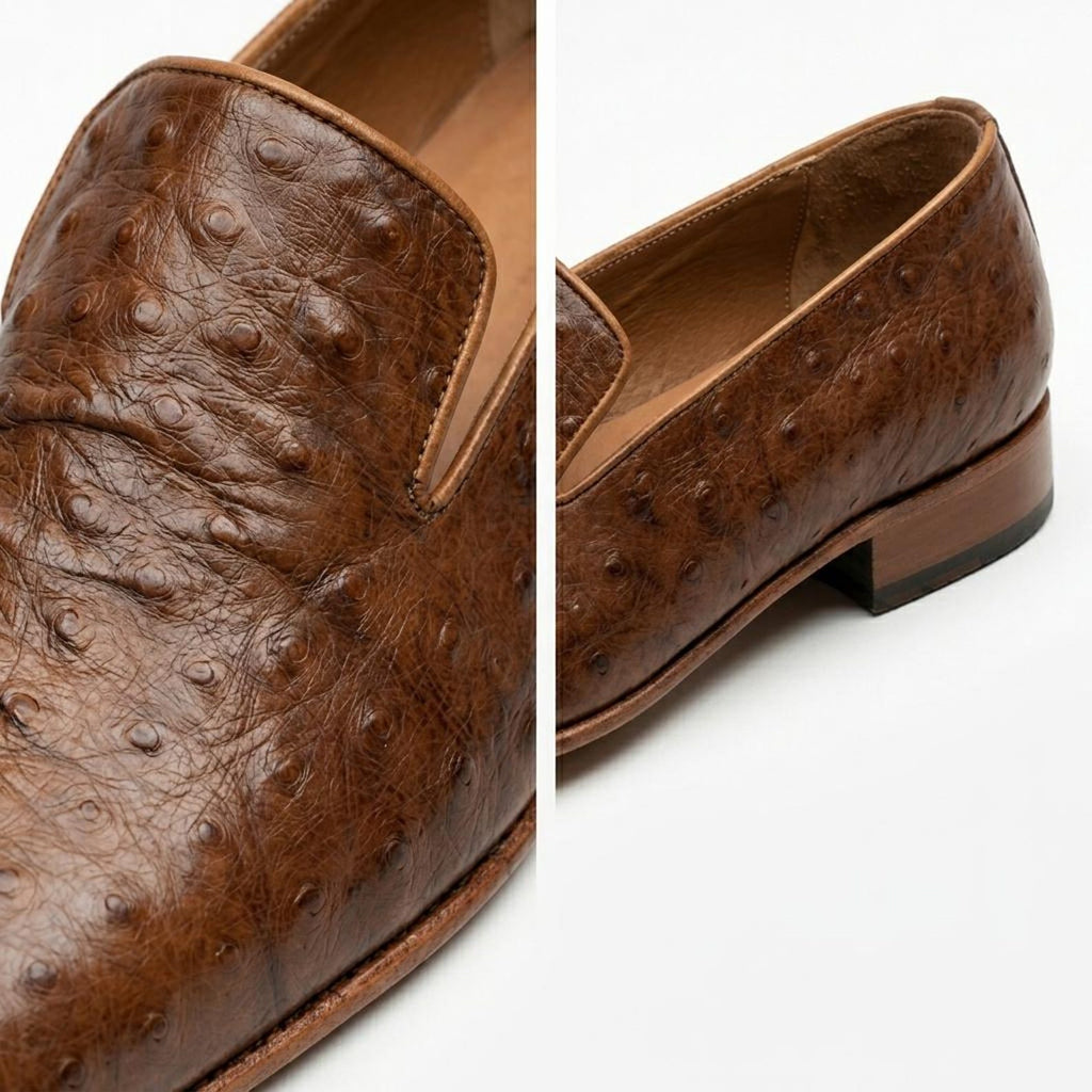 Fama Men's Brown Ostrich Leather Loafers – Venetian slip-on loafer, view 2 of 9 – full-quill ostrich leather