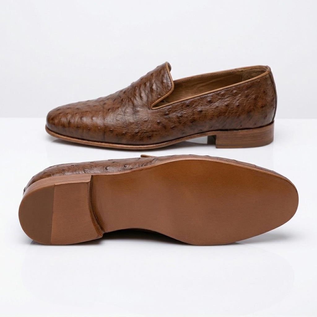 Fama Men's Brown Ostrich Leather Loafers – Venetian slip-on loafer, view 3 of 9 – full-quill ostrich leather