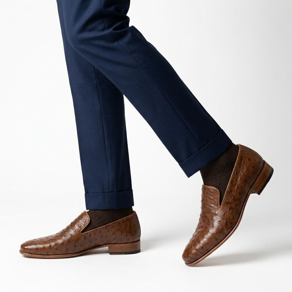 Fama Men's Brown Ostrich Leather Loafers – Venetian slip-on loafer, view 4 of 9 – full-quill ostrich leather