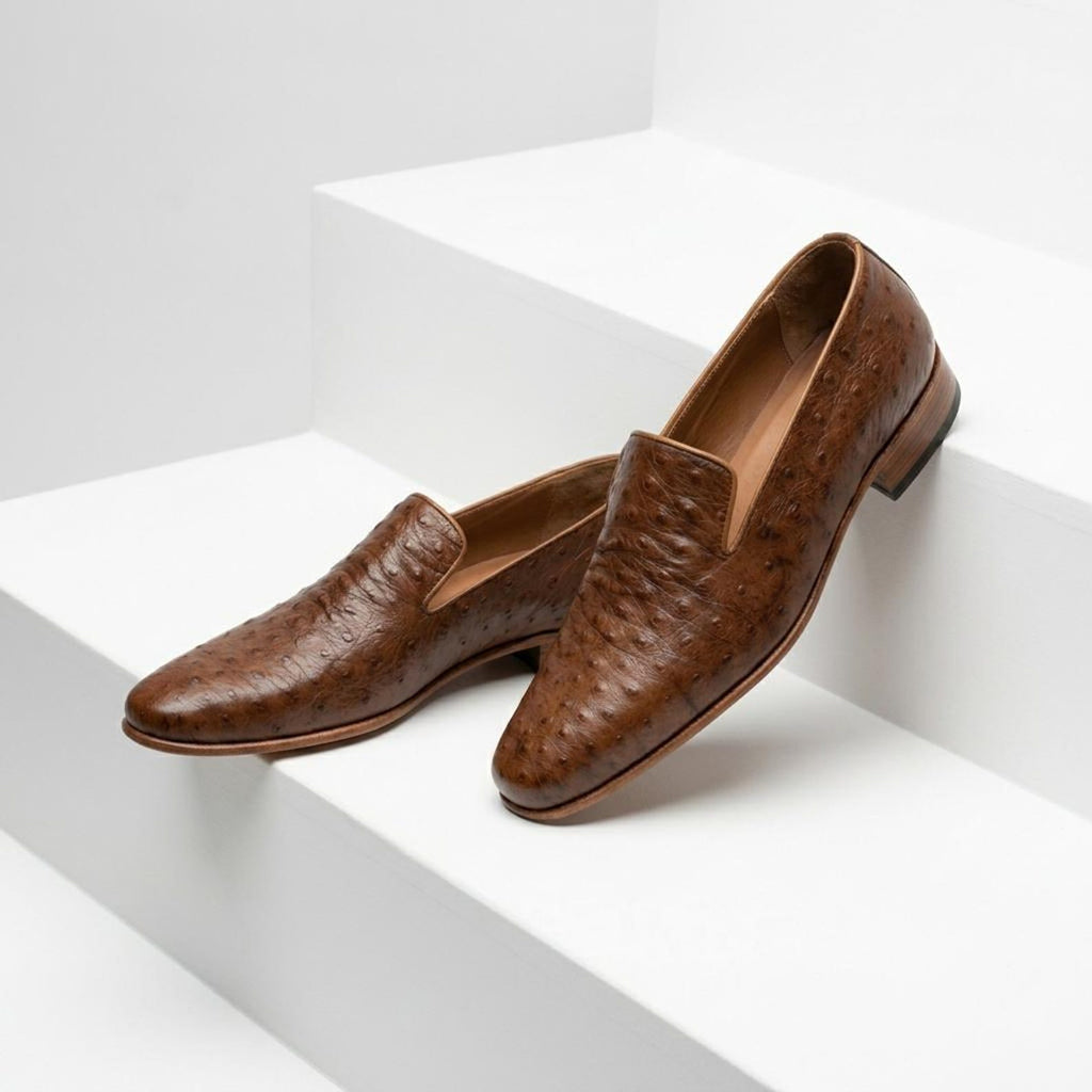 Fama Men's Brown Ostrich Leather Loafers – Venetian slip-on loafer, view 5 of 9 – full-quill ostrich leather