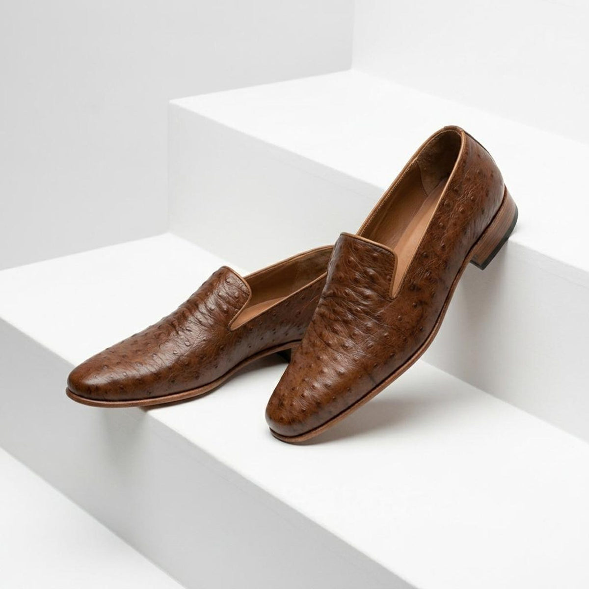 Fama Men's Brown Ostrich Leather Loafers – Venetian slip-on loafer, view 5 of 9 – full-quill ostrich leather