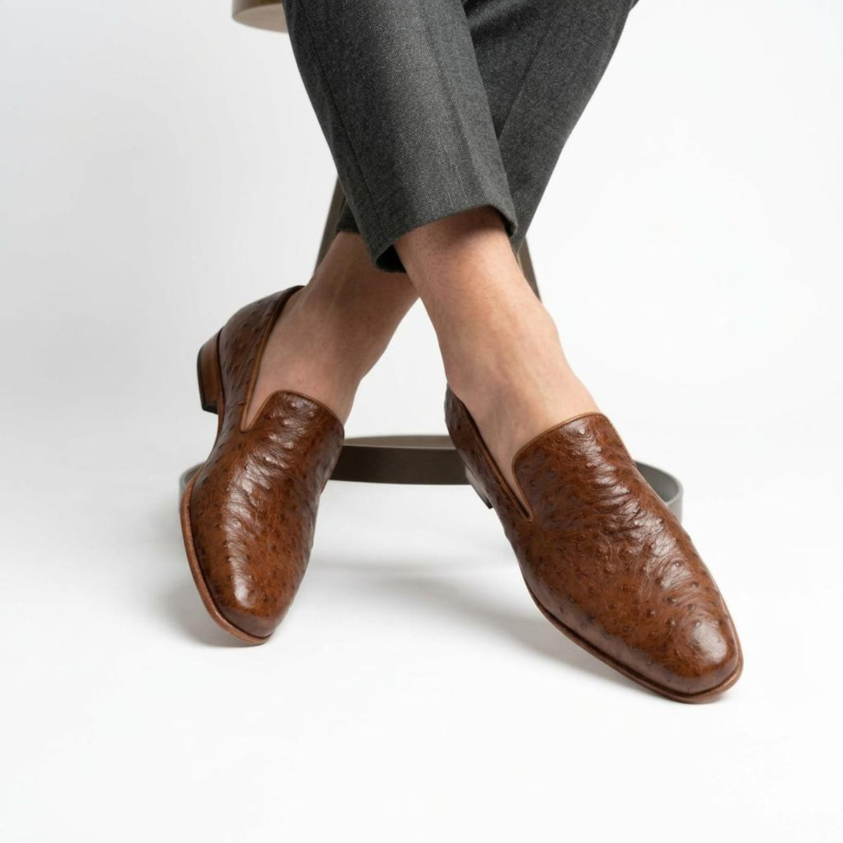 Fama Men's Brown Ostrich Leather Loafers – Venetian slip-on loafer, view 6 of 9 – full-quill ostrich leather