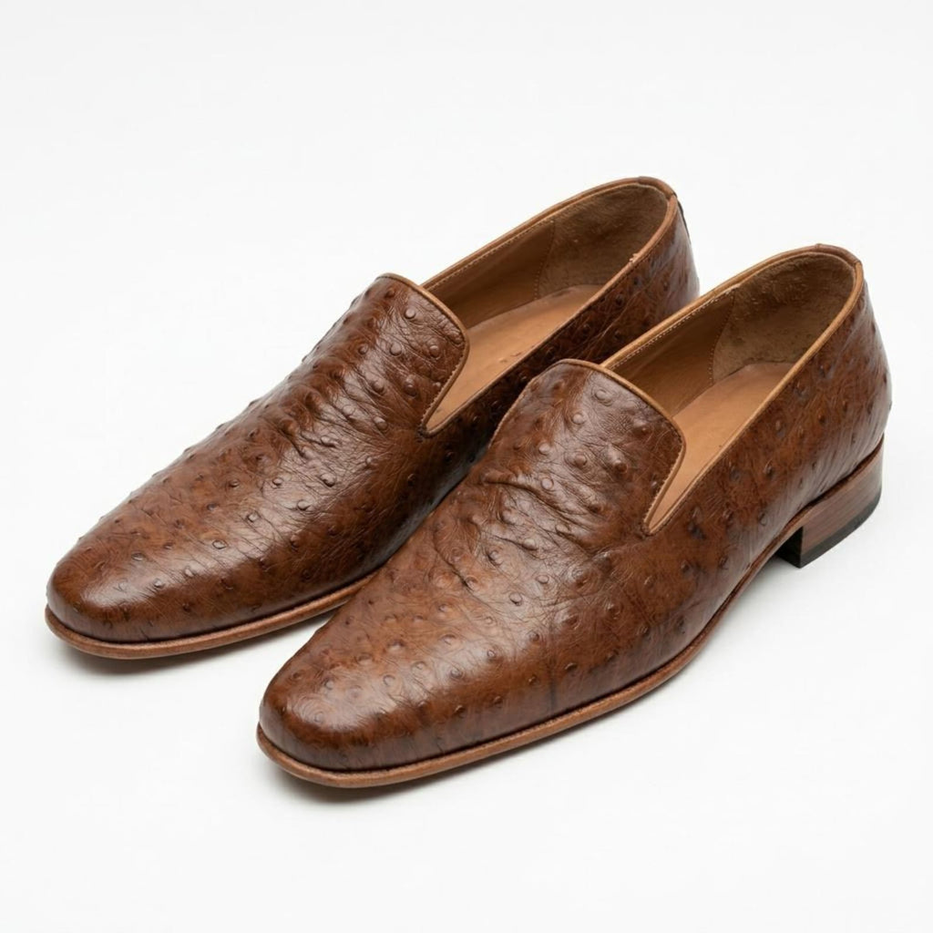 Fama Men's Brown Ostrich Leather Loafers – Venetian slip-on loafer, view 9 of 9 – full-quill ostrich leather